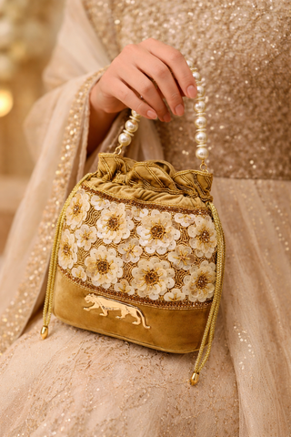 Sabyasachi inspired Gold Velvet Potli Bag, Hand-Beaded Floral Clutch, Pearl Handle Evening Purse
