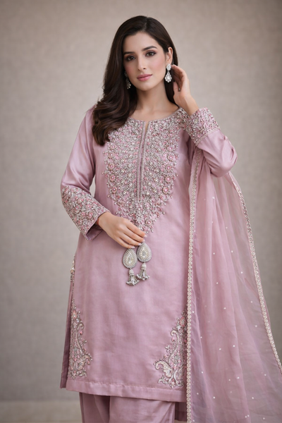 Pakistani Designer Crush Lava Silk Suit, Embroidered Neckline, Organza Dupatta, party wear dress
