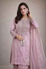 Pakistani Designer Crush Lava Silk Suit, Embroidered Neckline, Organza Dupatta, party wear dress