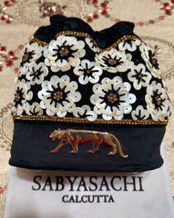 Sabyasachi inspired Black Velvet Potli Bag, Hand-Beaded Floral Clutch, Pearl Handle Evening Purse