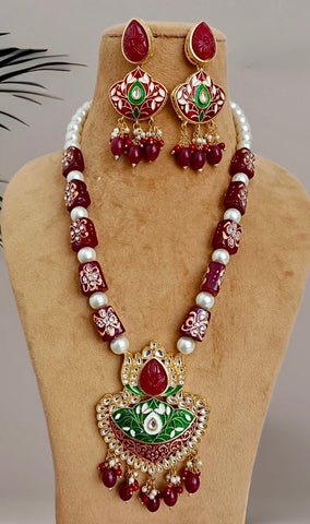 Tanjore beads long mala set, Indian jewelry long mala, kundan jewelry