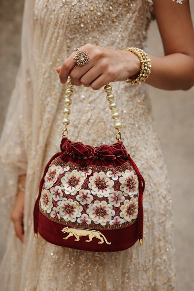 Sabyasachi inspired Red Velvet Potli Bag, Hand-Beaded Floral Clutch, Pearl Handle Evening Purse