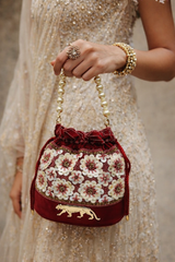 Sabyasachi inspired Red Velvet Potli Bag, Hand-Beaded Floral Clutch, Pearl Handle Evening Purse