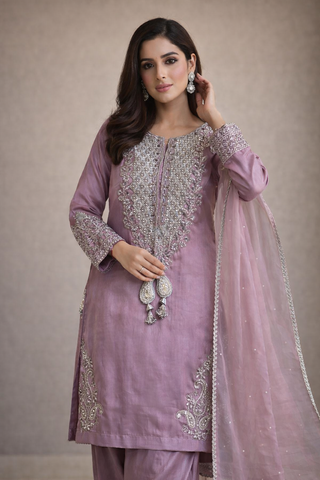 Pakistani Designer Crush Lava Silk Suit, Embroidered Neckline, Organza Dupatta, party wear dress