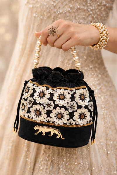 Sabyasachi inspired Black Velvet Potli Bag, Hand-Beaded Floral Clutch, Pearl Handle Evening Purse