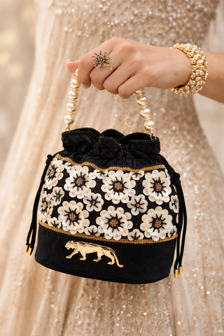 Sabyasachi inspired Black Velvet Potli Bag, Hand-Beaded Floral Clutch, Pearl Handle Evening Purse
