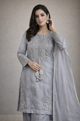 Pakistani Designer Crush Lava Silk Suit, Embroidered Neckline, Organza Dupatta, party wear dress