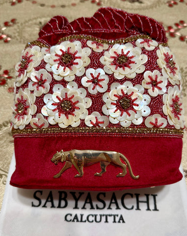 Sabyasachi inspired Red Velvet Potli Bag, Hand-Beaded Floral Clutch, Pearl Handle Evening Purse