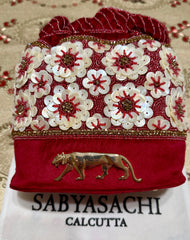 Sabyasachi inspired Red Velvet Potli Bag, Hand-Beaded Floral Clutch, Pearl Handle Evening Purse