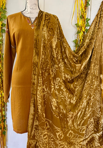 Pakistani designer khadder semi formal dress with velvet plachi dupatta