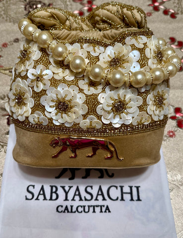 Sabyasachi inspired Gold Velvet Potli Bag, Hand-Beaded Floral Clutch, Pearl Handle Evening Purse