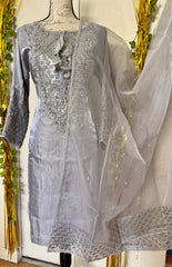 Pakistani Designer Crush Lava Silk Suit, Embroidered Neckline, Organza Dupatta, party wear dress