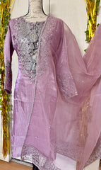 Pakistani Designer Crush Lava Silk Suit, Embroidered Neckline, Organza Dupatta, party wear dress